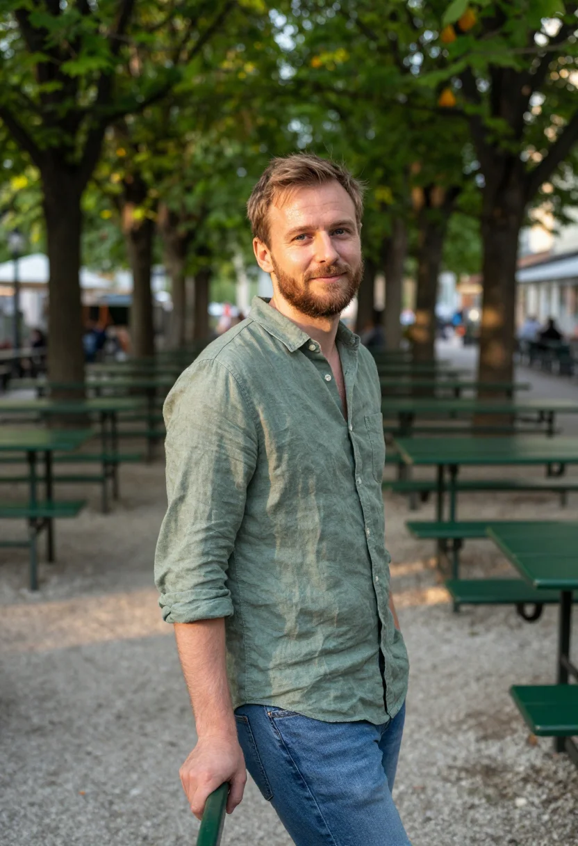 AI biergarten may green date sample — portrait of a man, framed half-length from the head to the h