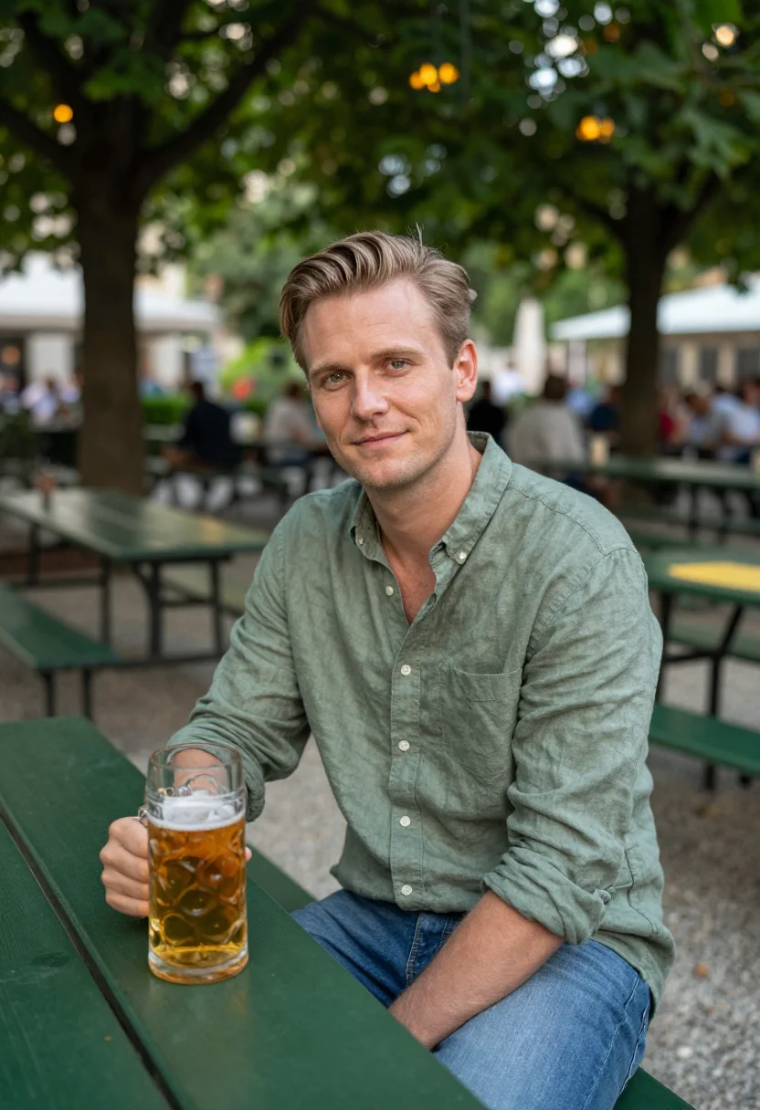 AI biergarten may green date sample — portrait of a man, framed chest-up, cropped at the ribs, the