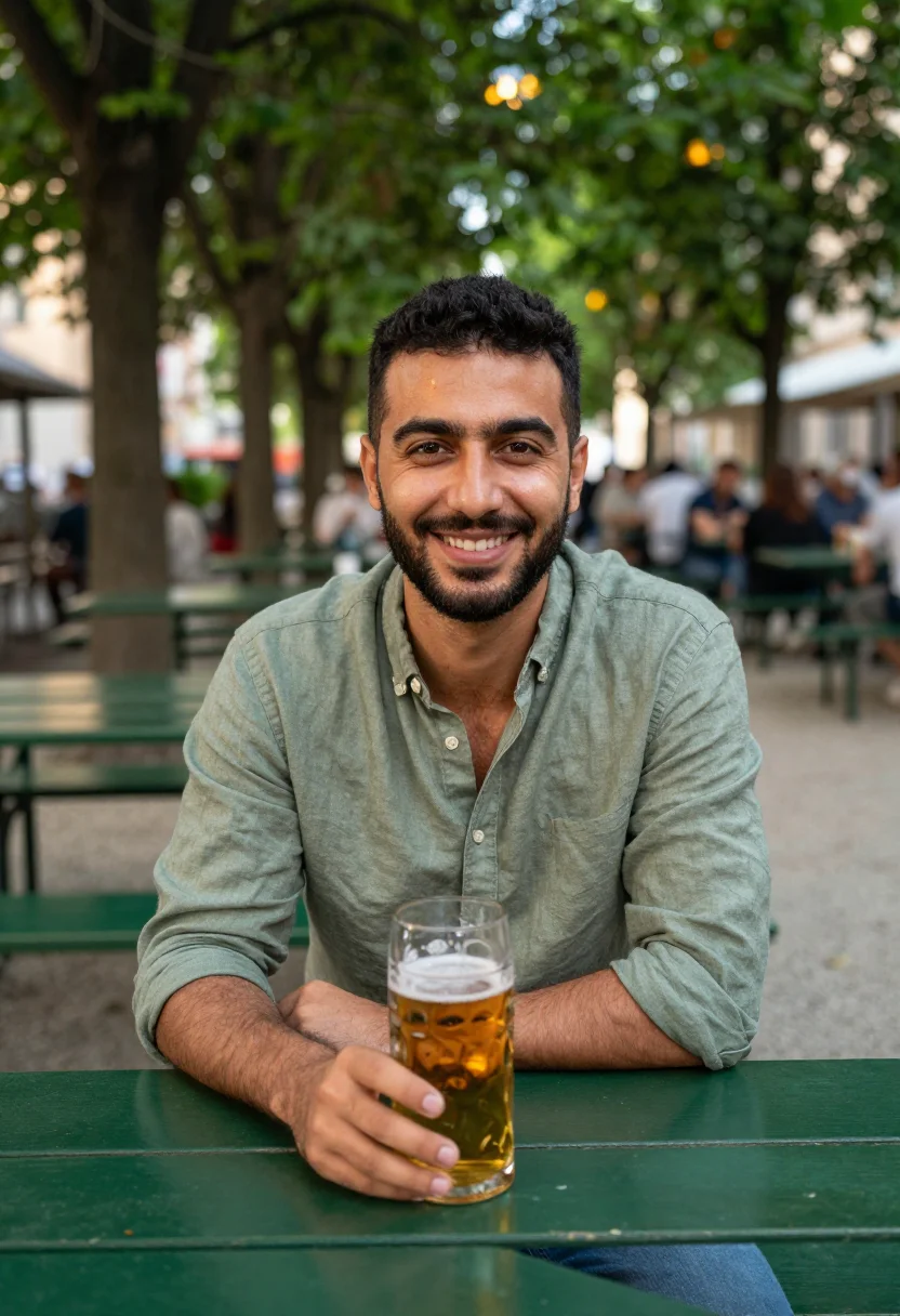 AI biergarten may green date sample — portrait of a man, framed tight, head and shoulders, the bod
