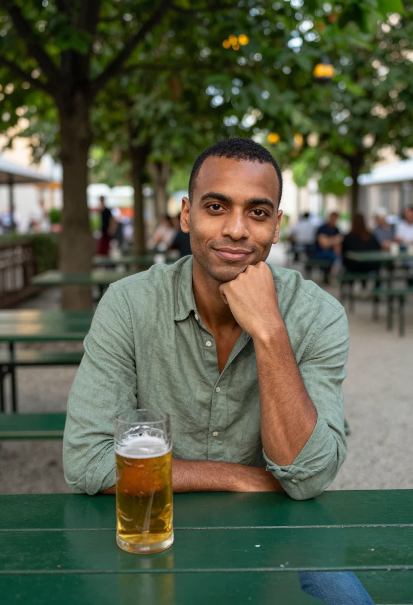 AI biergarten may green date sample — portrait of a man, framed chest-up, cropped at the ribs, the
