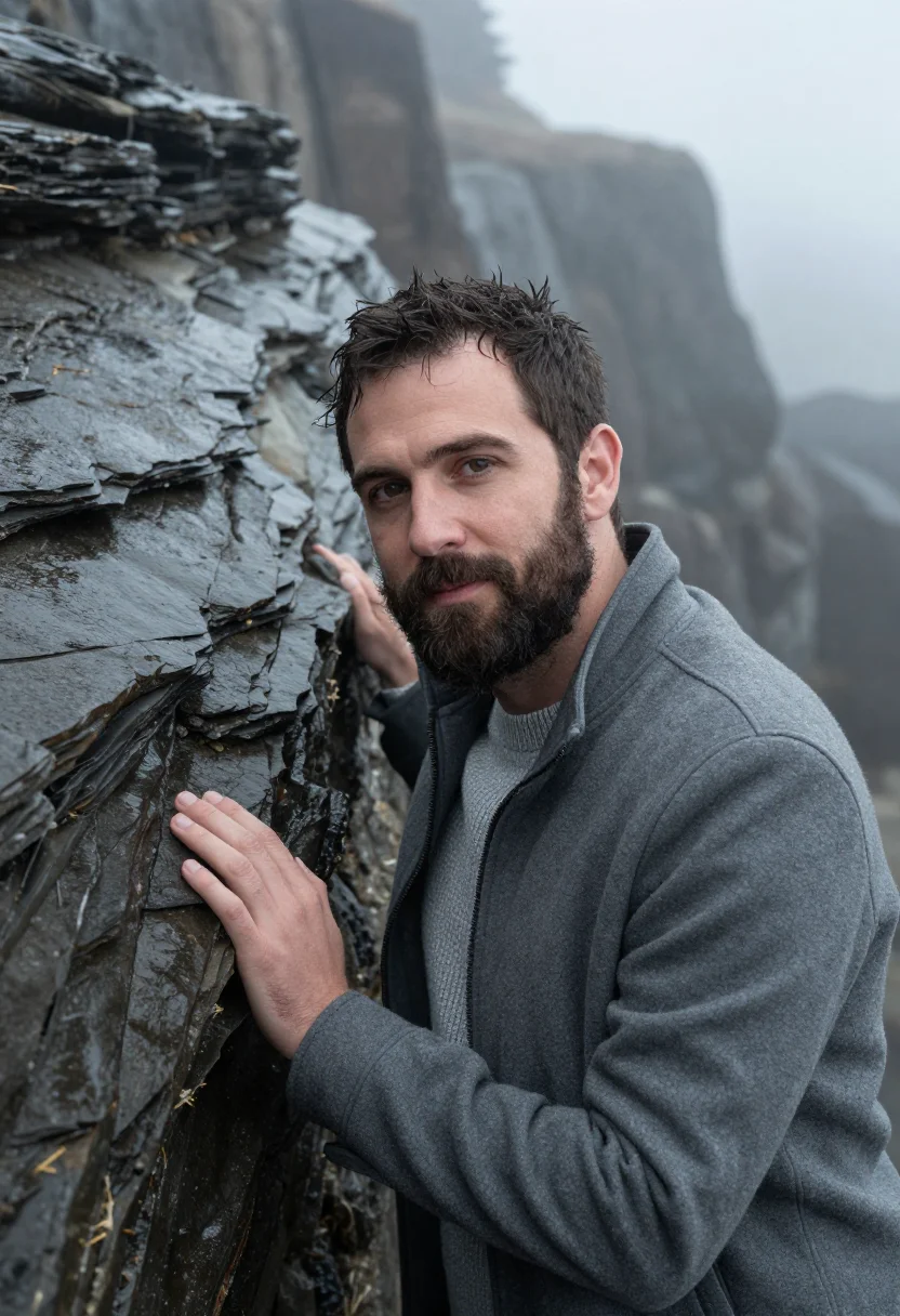 AI big sur fog november slate sample — portrait of a man, framed chest-up, cropped at the ribs, the