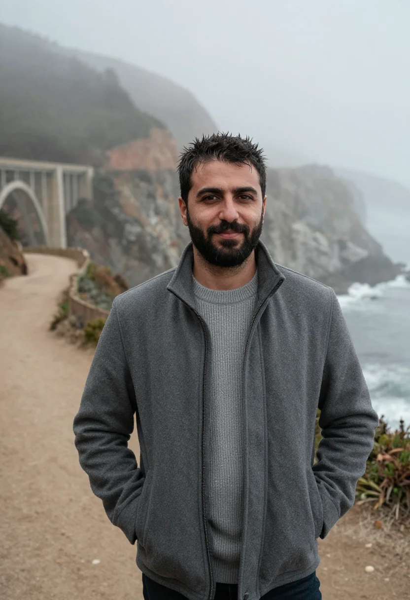 AI big sur fog november slate sample — portrait of a man, framed half-length, cropped at the hips,