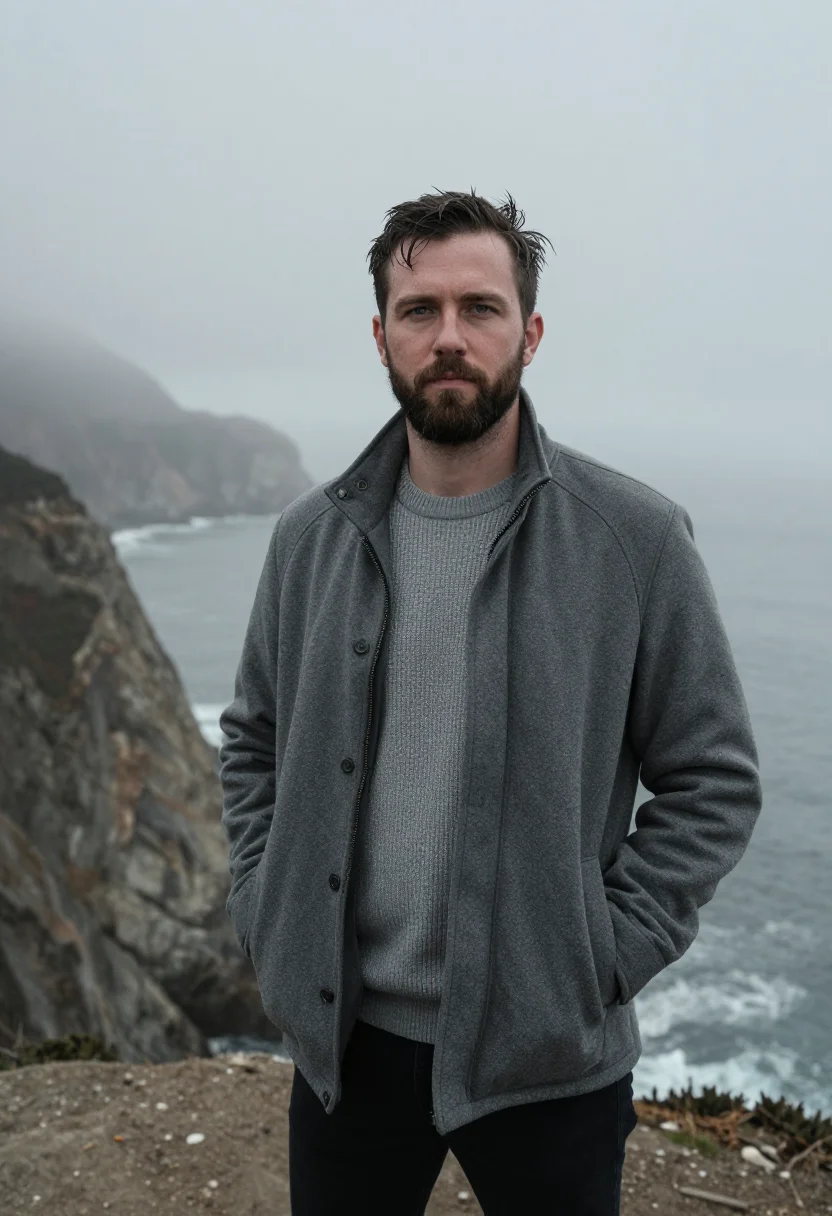 AI big sur fog november slate sample — portrait of a man, framed waist-up, the camera at chest heig