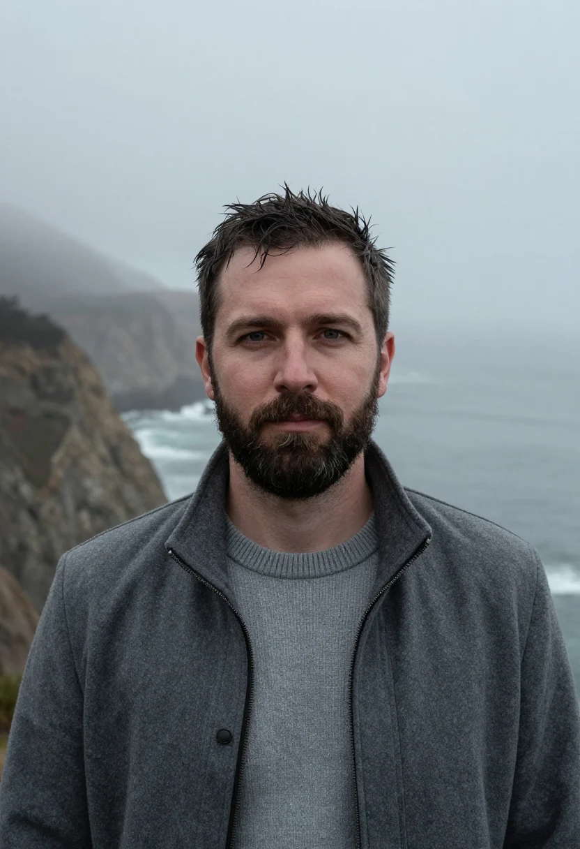AI big sur fog november slate sample — portrait of a man, framed tight, head and shoulders, the bod