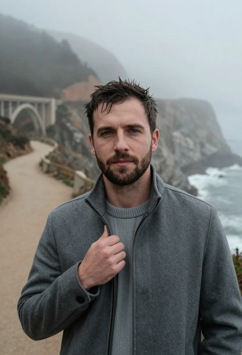 AI big sur fog november slate sample — portrait of a man, framed chest-up, cropped at the ribs, the