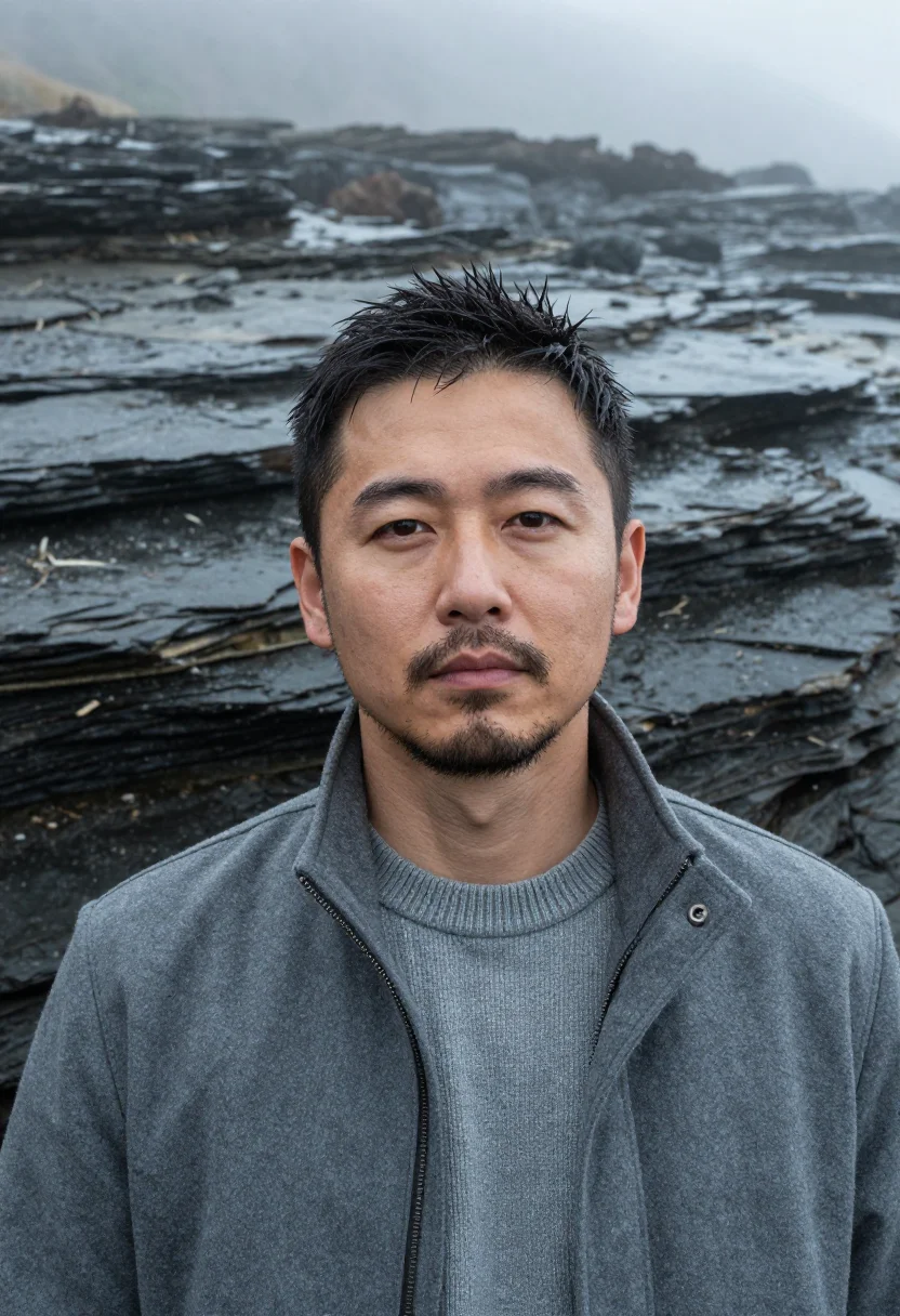 AI big sur fog november slate sample — portrait of a man, framed tight, head and shoulders, the bod