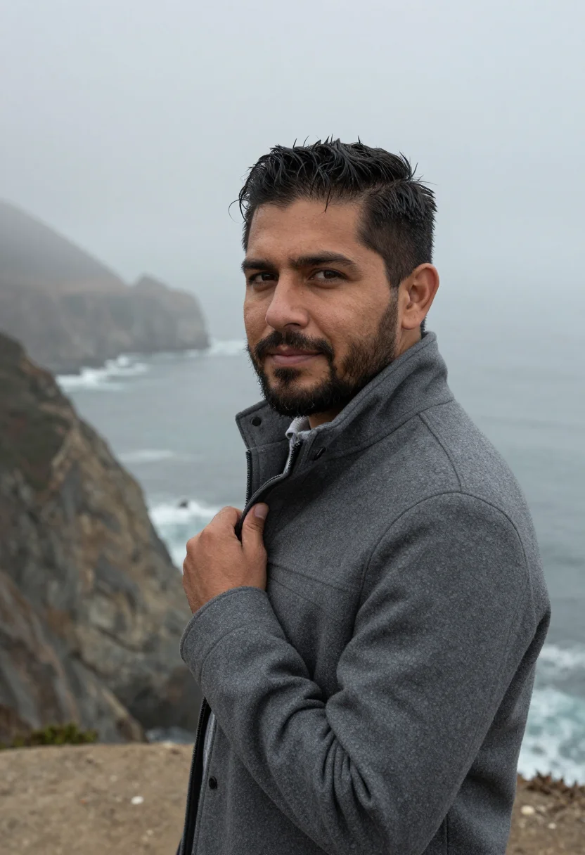 AI big sur fog november slate sample — portrait of a man, framed chest-up, cropped at the ribs, the