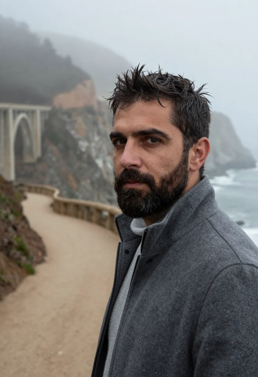 AI big sur fog november slate sample — portrait of a man, framed tight, head and shoulders, the bod