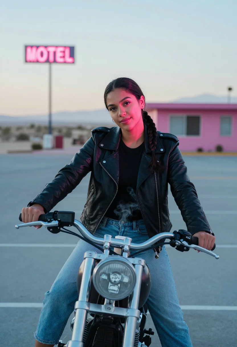 AI biker queen sample — portrait of a woman, waist-up portrait of a Latina woman in