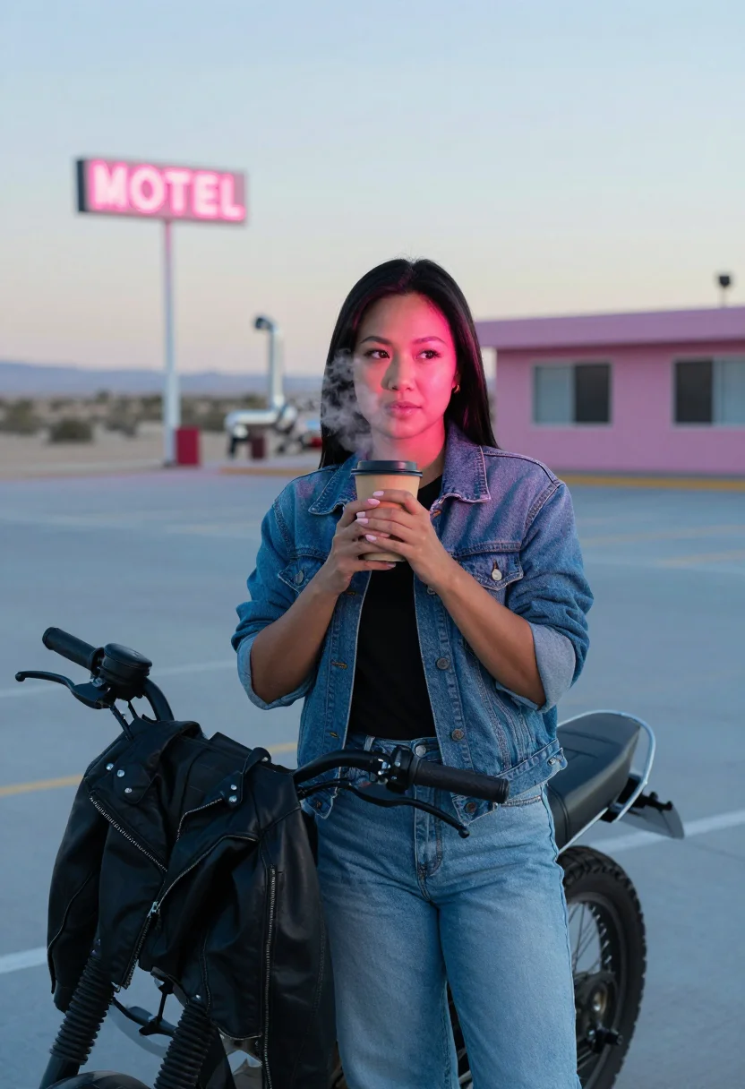 AI biker queen sample — portrait of a woman, waist-up portrait of an East-Asian Amer