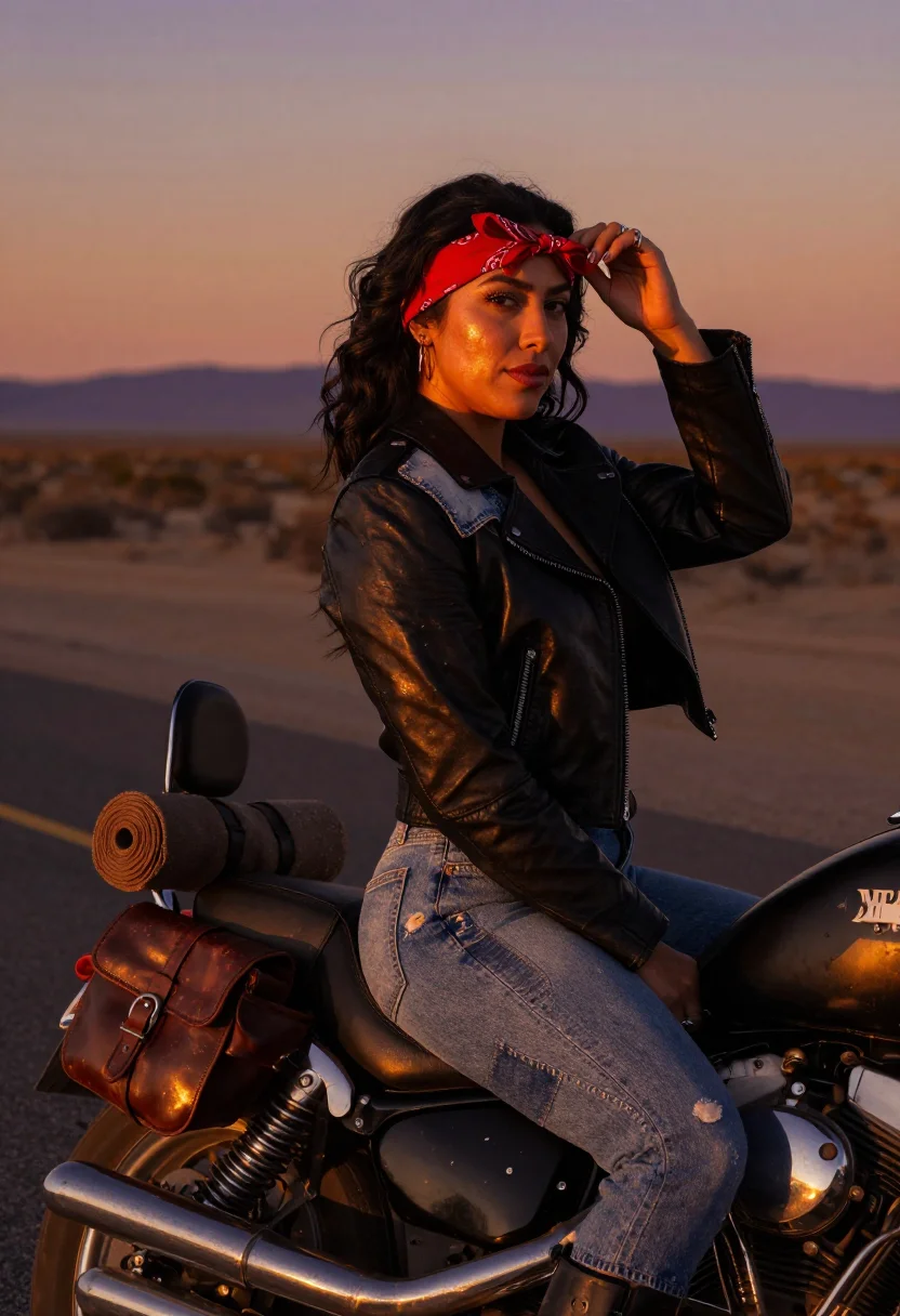 AI biker queen sample — portrait of a woman, waist-up portrait of a Latina woman in