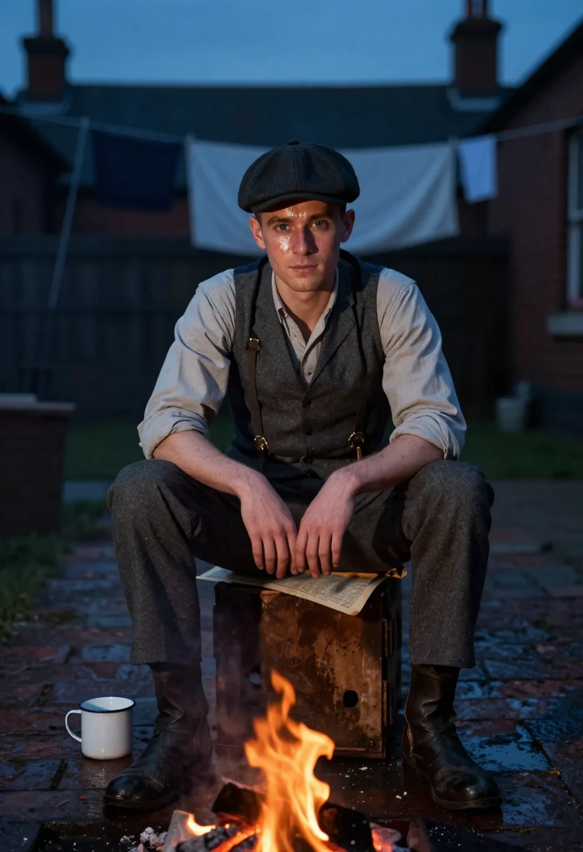 AI birmingham 1920s sample — portrait of a man, knees-up seated portrait of a fair-skinne