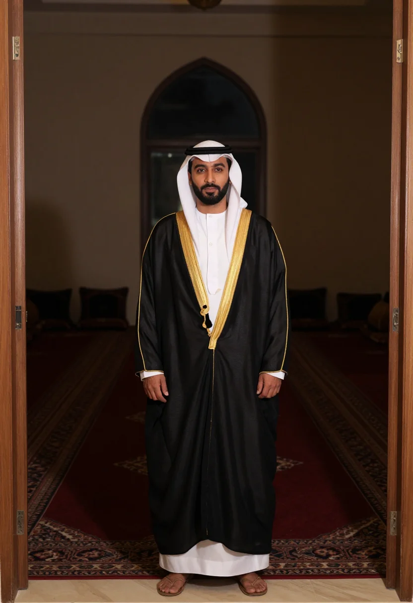 AI bisht black gold trim sample — portrait of a man, framed full-length and wide from the majl