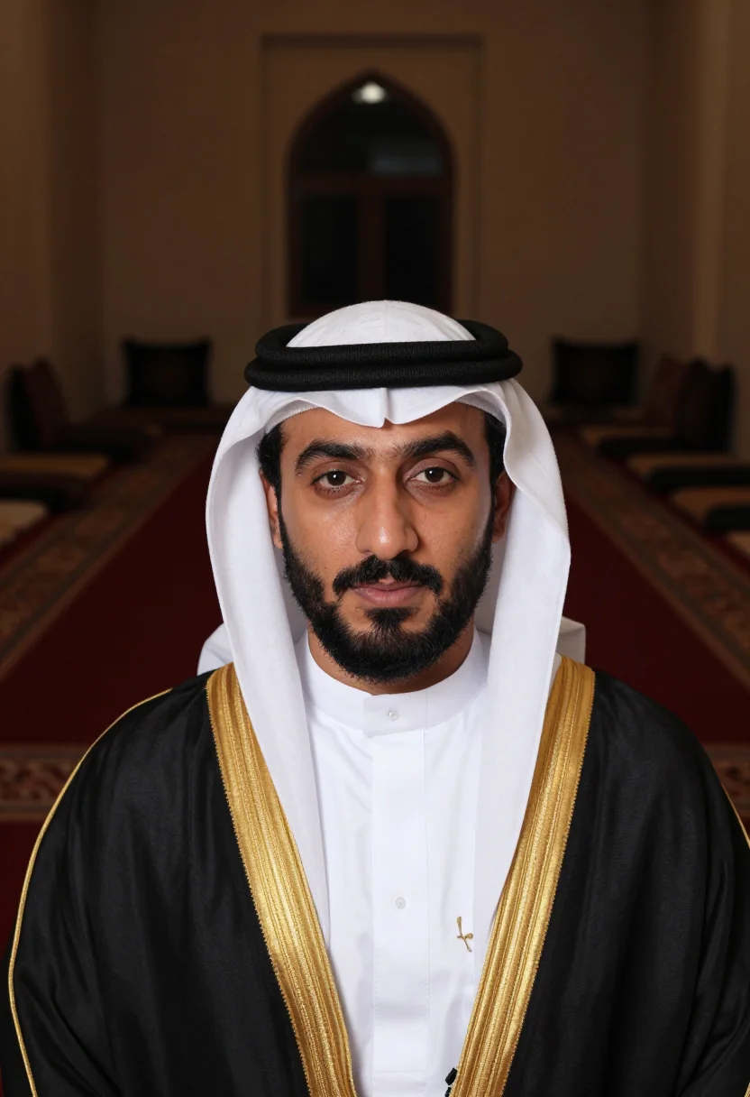 AI bisht black gold trim sample — portrait of a man, framed tight, head and shoulders, the bod