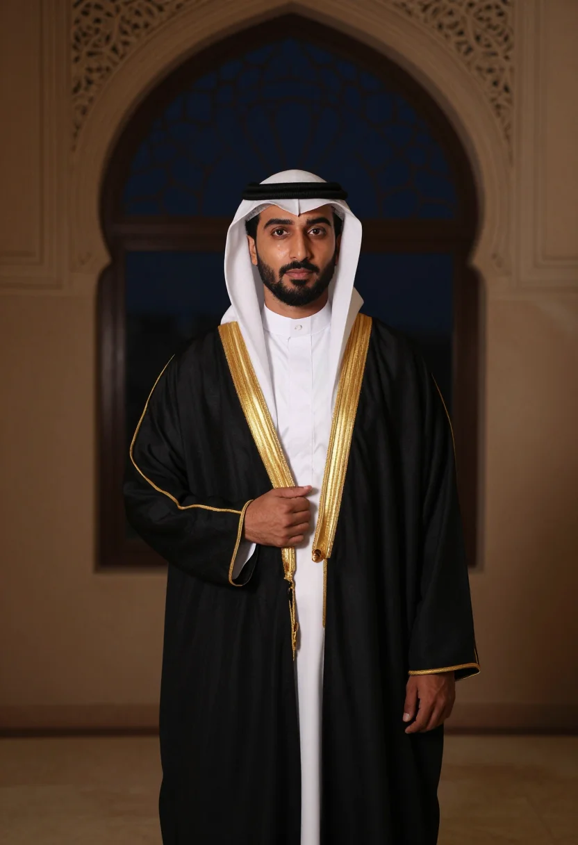 AI bisht black gold trim sample — portrait of a man, framed three-quarter length from the head