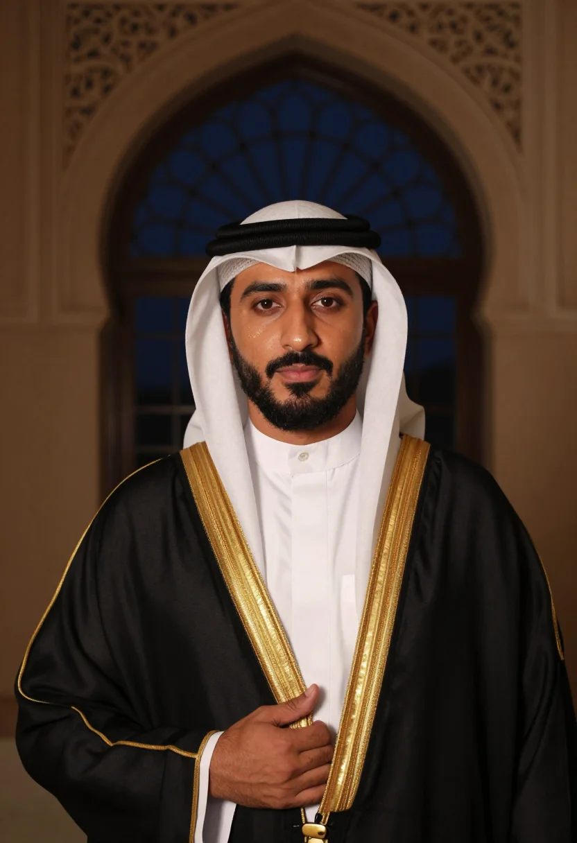 AI bisht black gold trim sample — portrait of a man, framed chest-up, cropped at the ribs, the