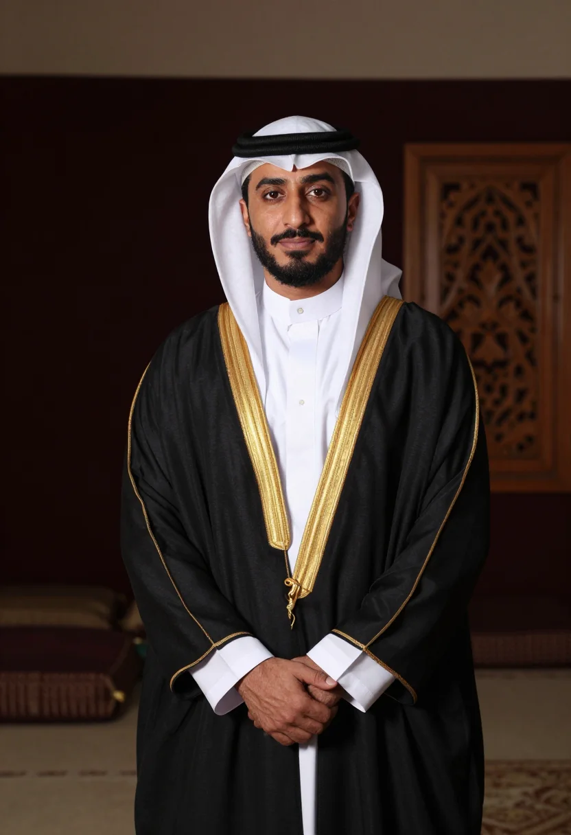 AI bisht black gold trim sample — portrait of a man, framed half-length from the head to the h