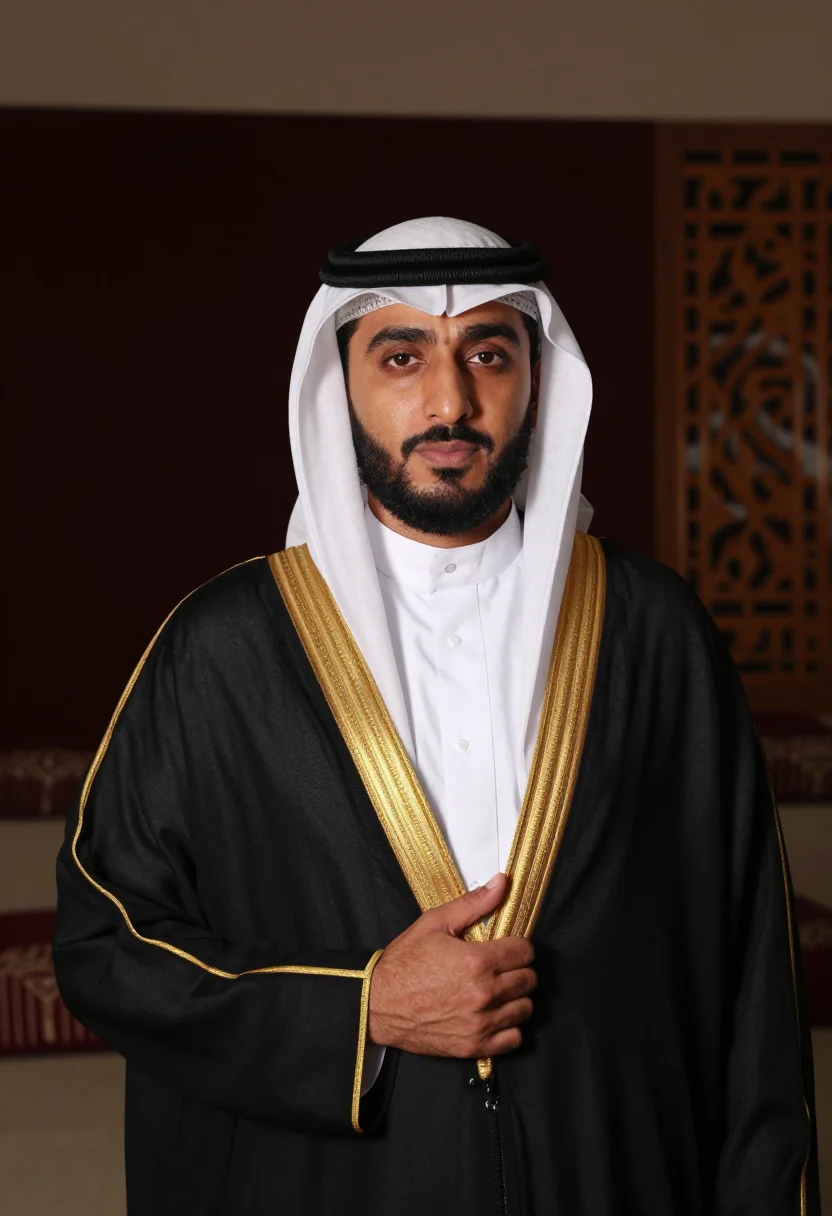 AI bisht black gold trim sample — portrait of a man, framed chest-up, cropped at the ribs, the