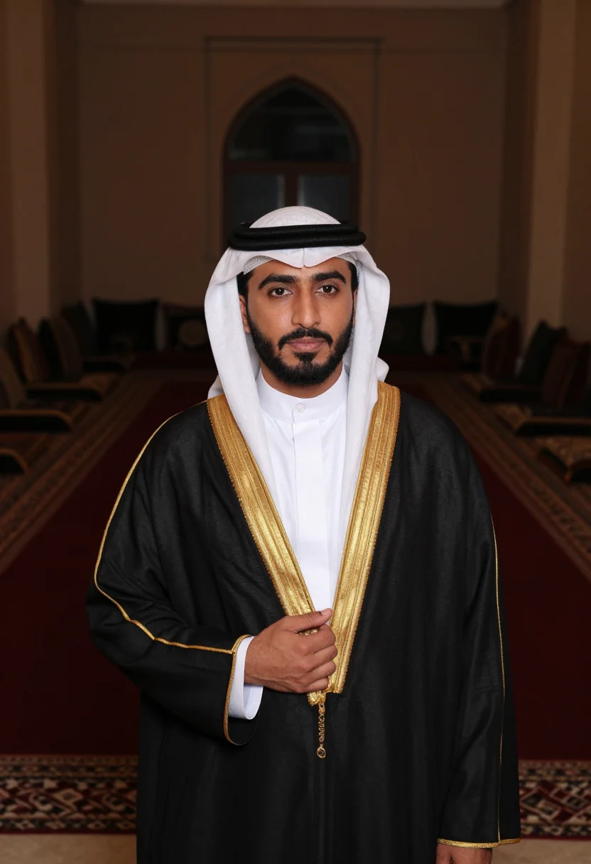 AI bisht black gold trim sample — portrait of a man, framed chest-up, cropped at the ribs, the