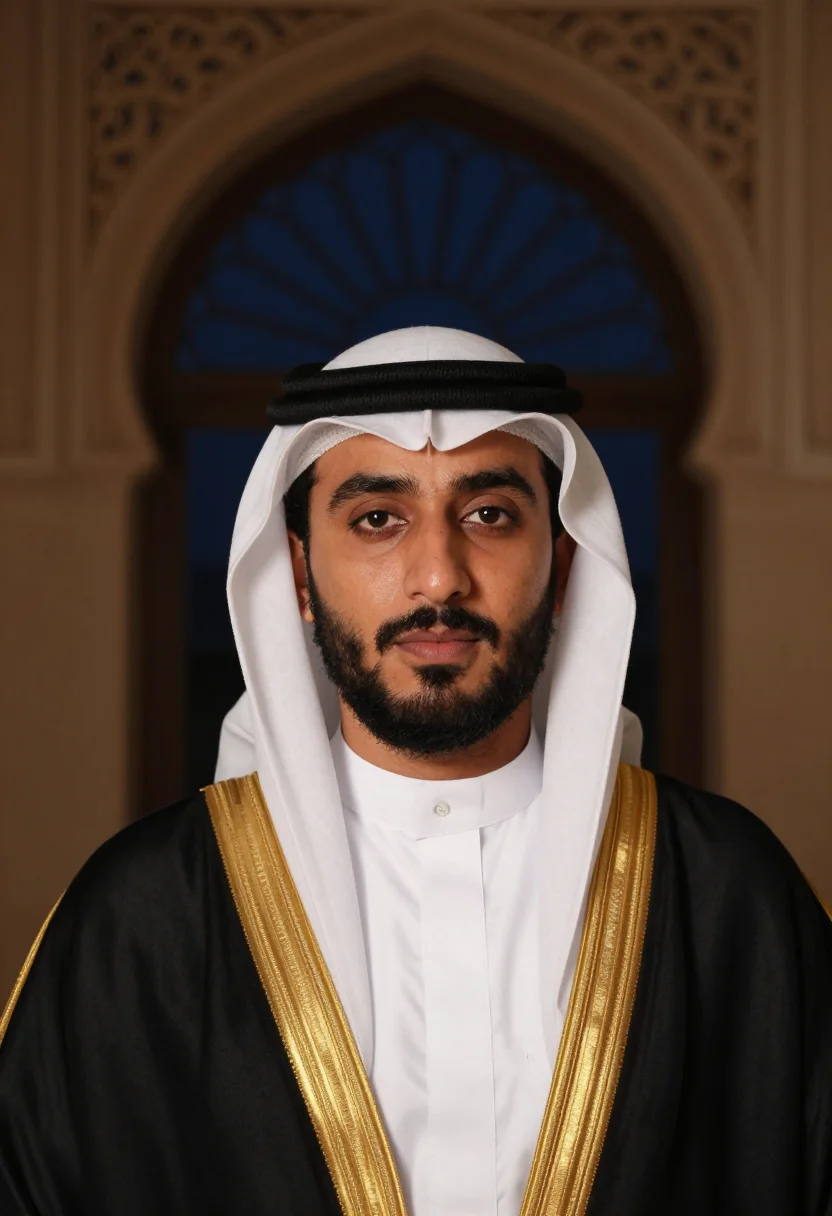 AI bisht black gold trim sample — portrait of a man, framed tight, head and shoulders, the bod