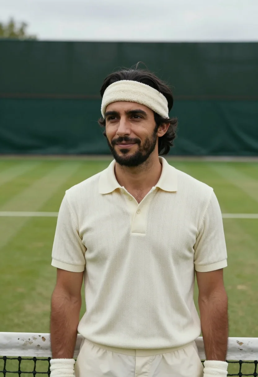 AI bjorn borg wimbledon 1980 pinstripe cream sample — portrait of a man, a Spanish man in his mid-thirties with ol