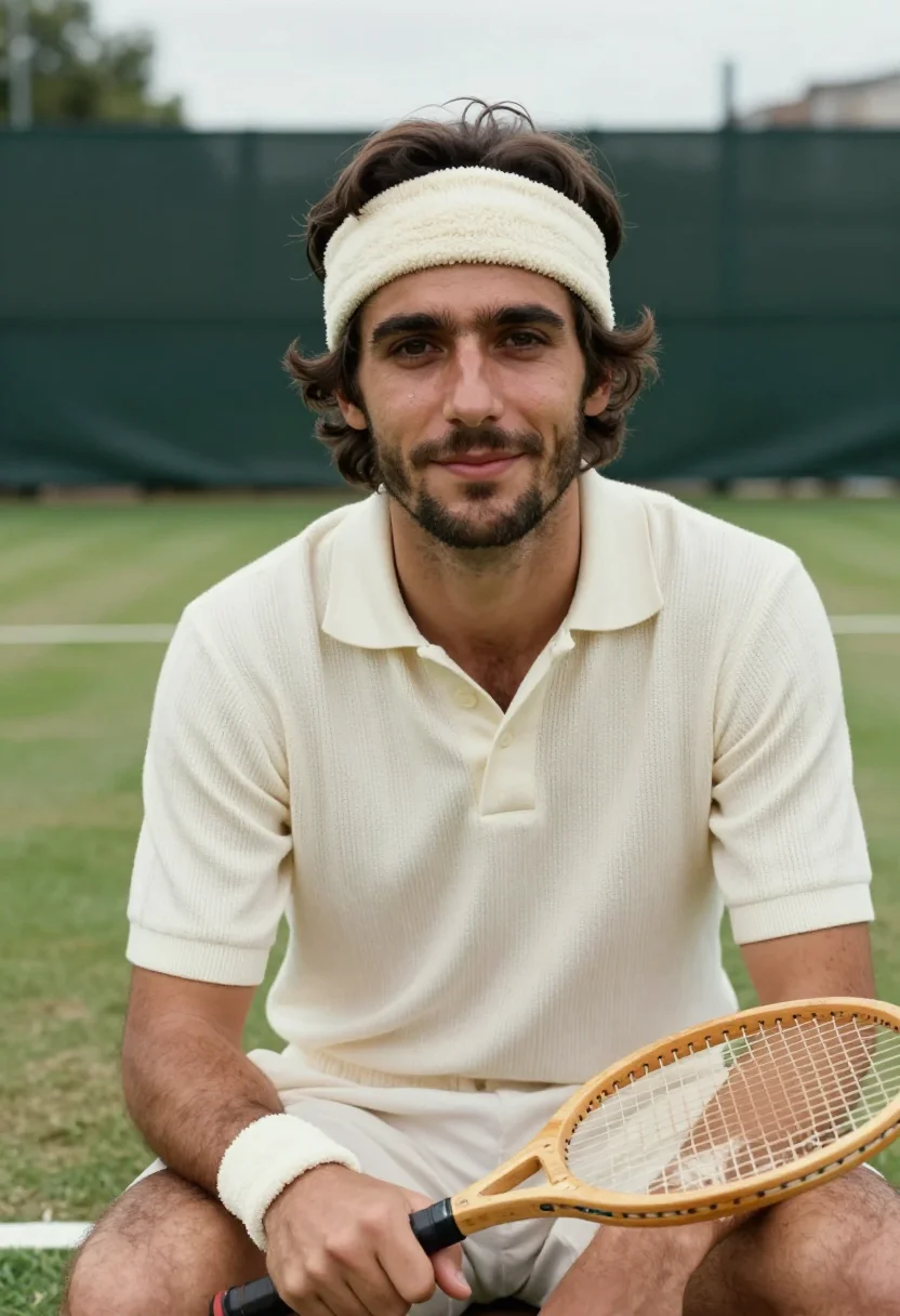 AI bjorn borg wimbledon 1980 pinstripe cream sample — portrait of a man, a French man in his early thirties with w