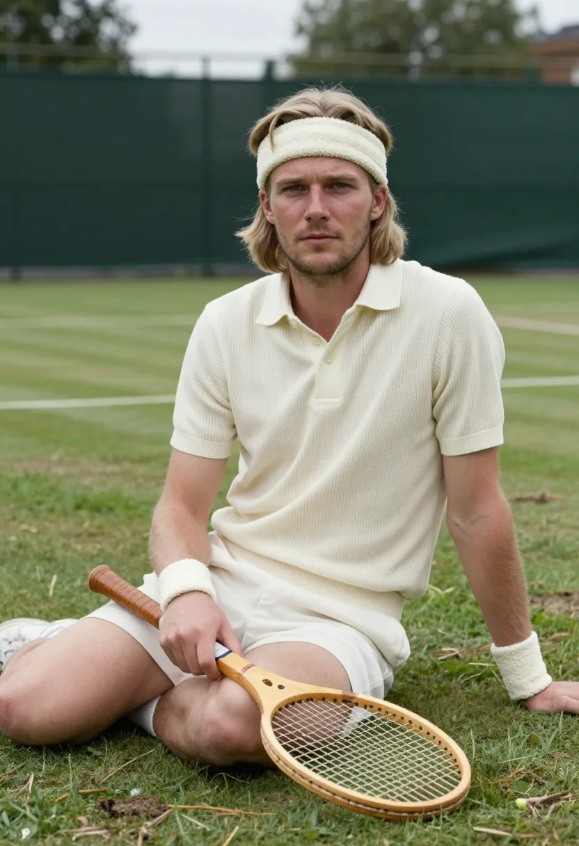 AI bjorn borg wimbledon 1980 pinstripe cream sample — portrait of a man, a Finnish man in his mid-twenties with fa