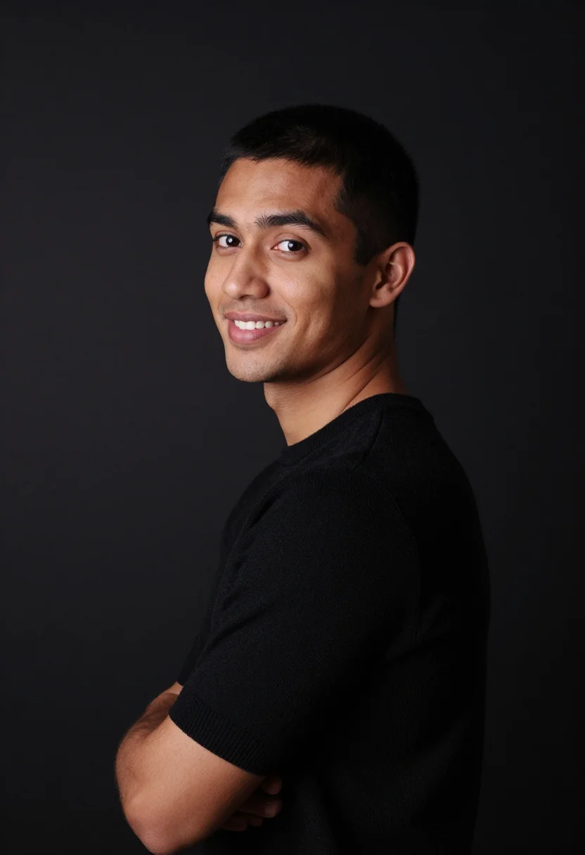 AI black backdrop headshot sample — a half-length frame of a man in his early thirties with gold