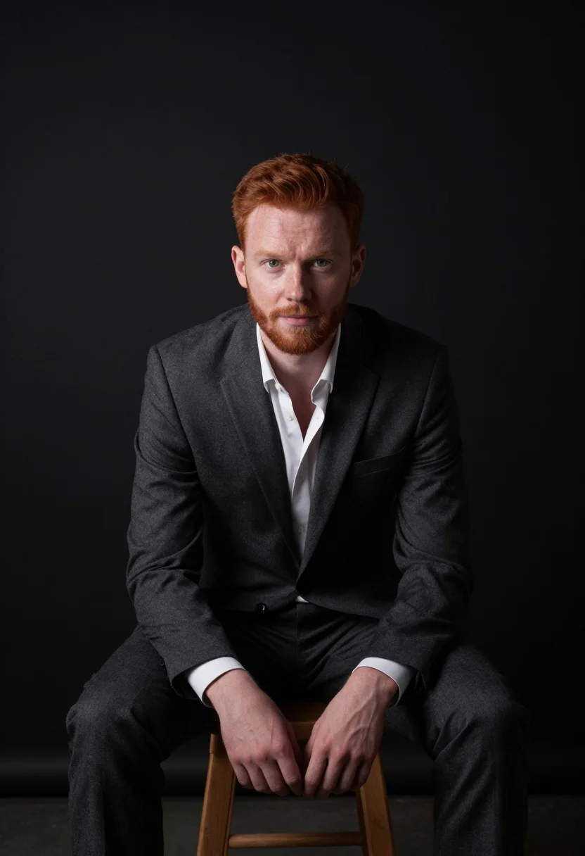 AI black backdrop headshot sample — a wider half-length frame of a man in his mid-thirties with