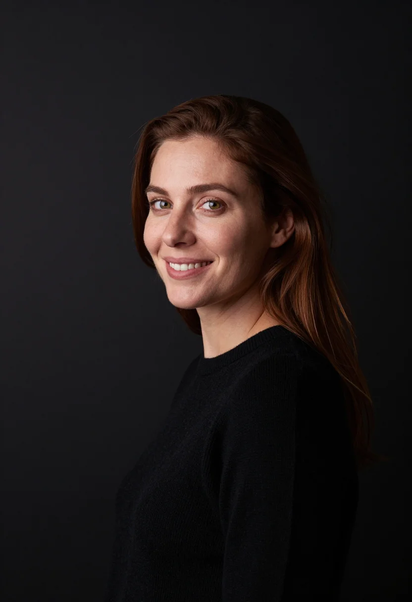 AI black backdrop headshot sample — a head-and-shoulders frame of a woman in her mid-thirties wi