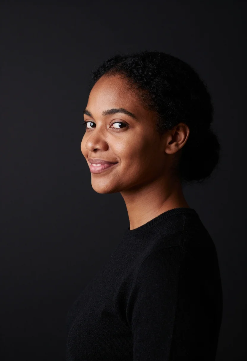 AI black backdrop headshot sample — a head-and-shoulders frame of a woman in her late twenties w