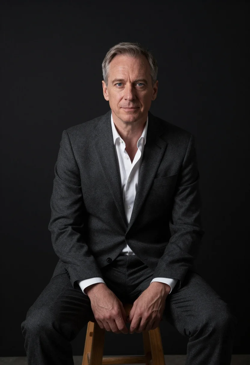 AI black backdrop headshot sample — a half-length frame of a man in his fifties with fair skin,
