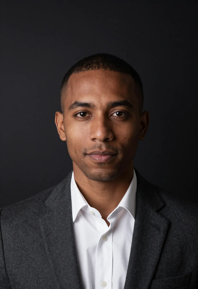 AI black backdrop headshot sample — a tight head-and-shoulders frame of a man in his forties wit