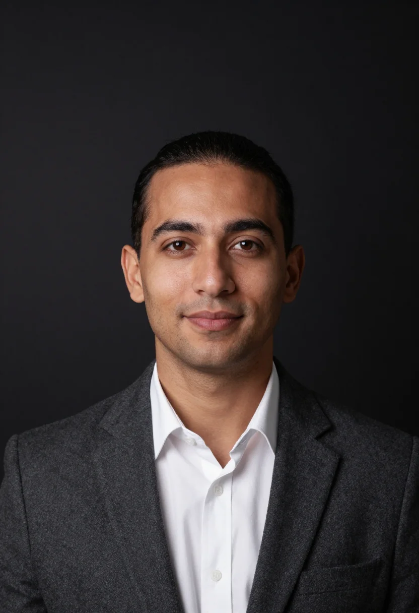 AI black backdrop headshot sample — a head-and-shoulders frame of a man in his late thirties wit