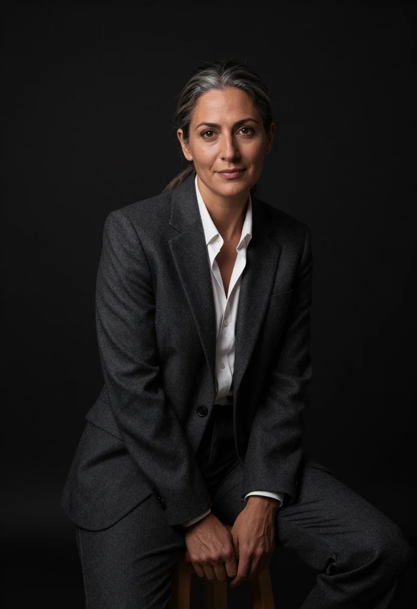 AI black backdrop headshot sample — a half-length frame of a woman in her forties with warm oliv
