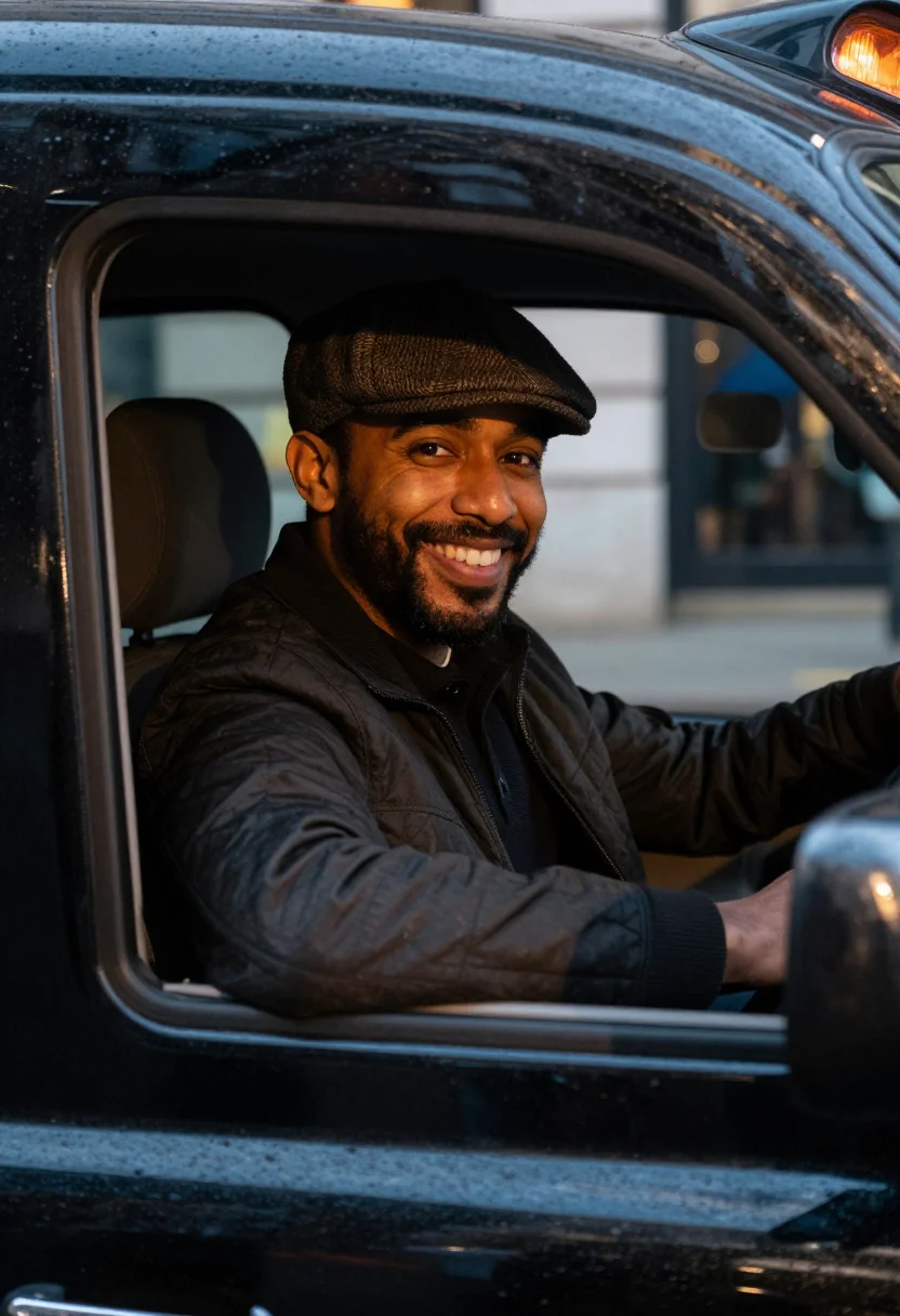 AI black cab sample — portrait of a man, chest-up portrait of a London-born man in