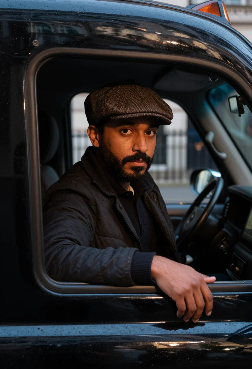 AI black cab sample — portrait of a man, head-and-shoulders portrait of a London-b