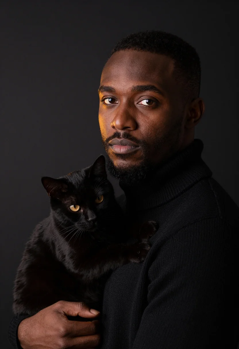 AI black cat black knit sample — portrait of a man, head-and-shoulders portrait of a Black ma