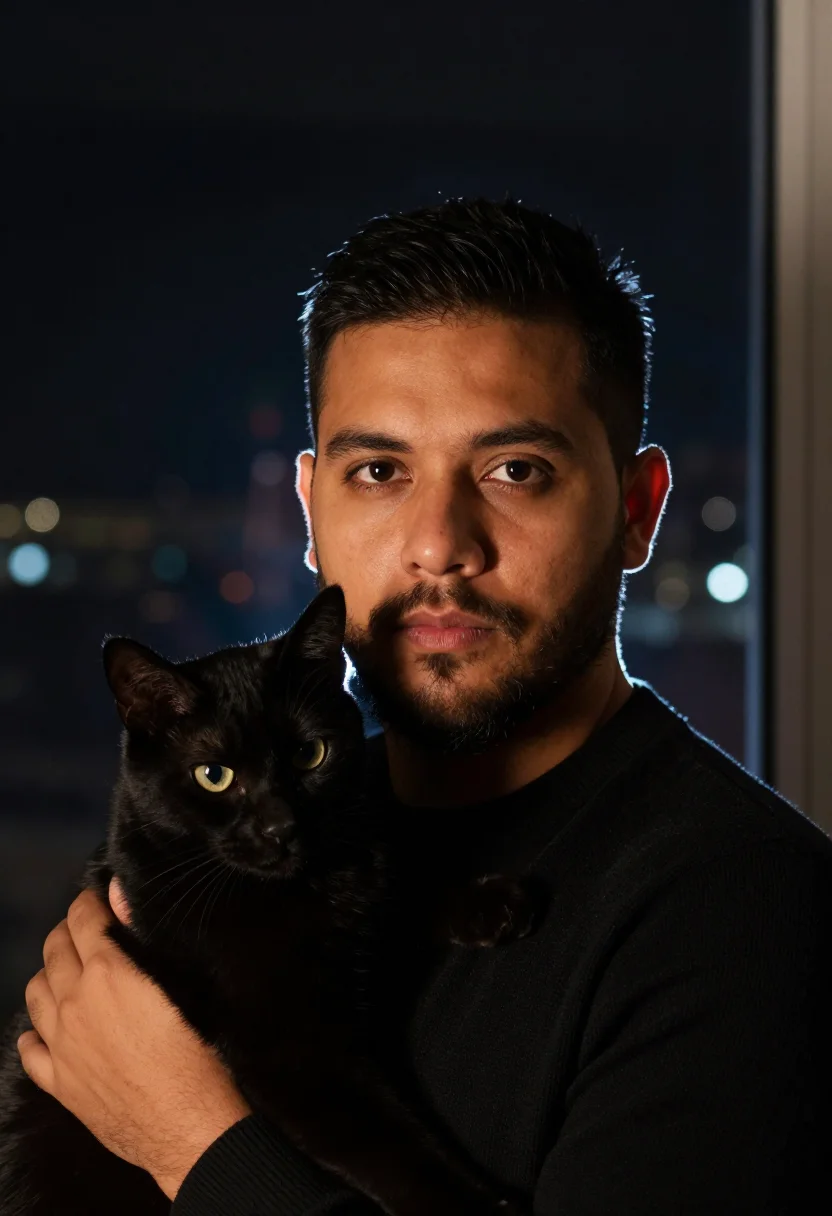 AI black cat black knit sample — portrait of a man, tight headshot of a Latin-American man in