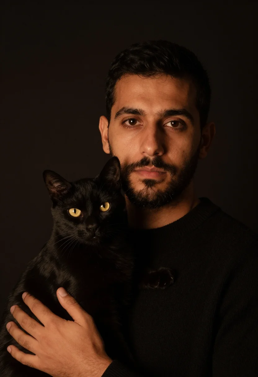 AI black cat black knit sample — portrait of a man, head-and-shoulders portrait of a Mediterr