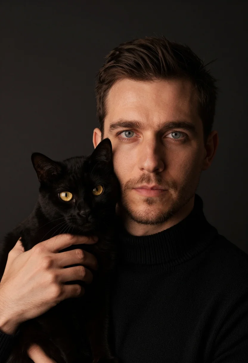 AI black cat black knit sample — portrait of a man, tight headshot of a Western-European man