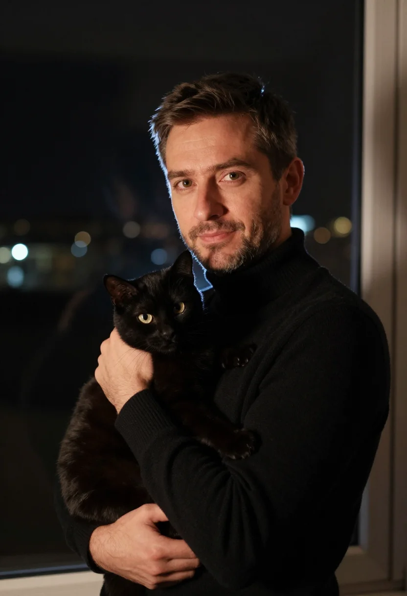 AI black cat black knit sample — portrait of a man, chest-up three-quarter portrait of a West