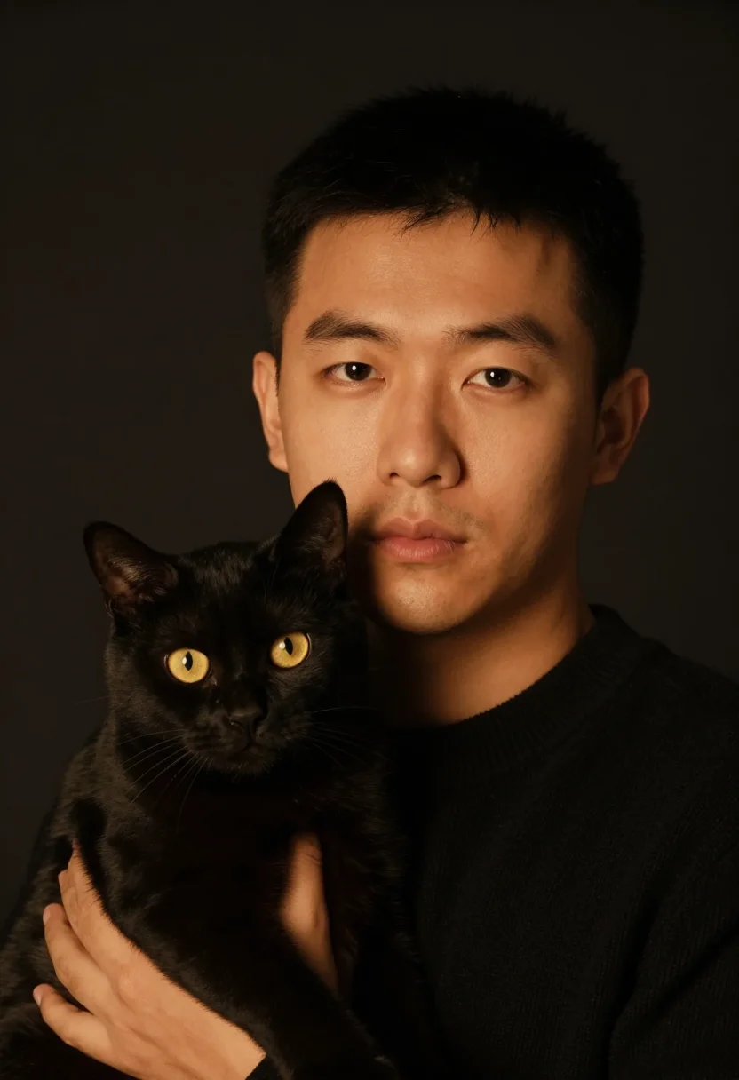 AI black cat black knit sample — portrait of a man, tight headshot of an East-Asian man in hi