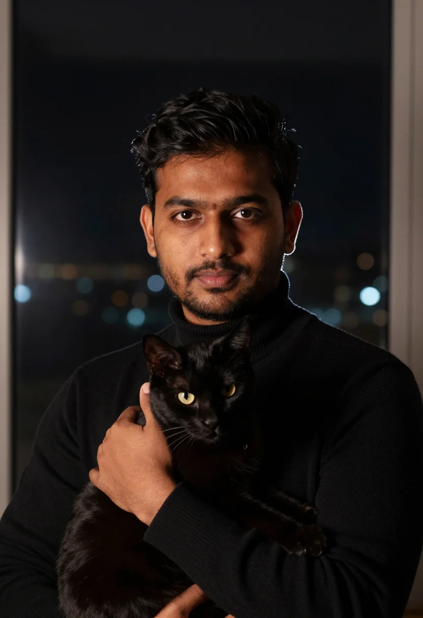 AI black cat black knit sample — portrait of a man, head-and-shoulders portrait of a South-As