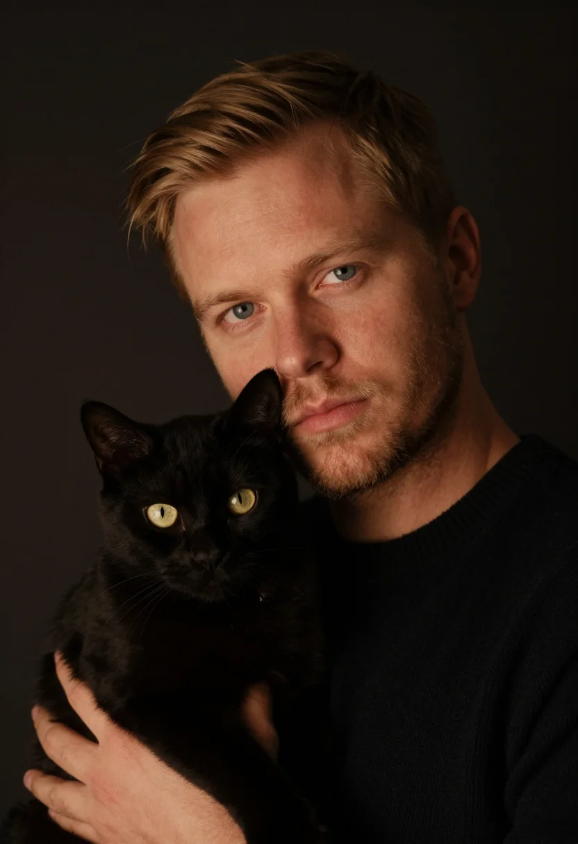 AI black cat black knit sample — portrait of a man, tight headshot of a Nordic man in his thi