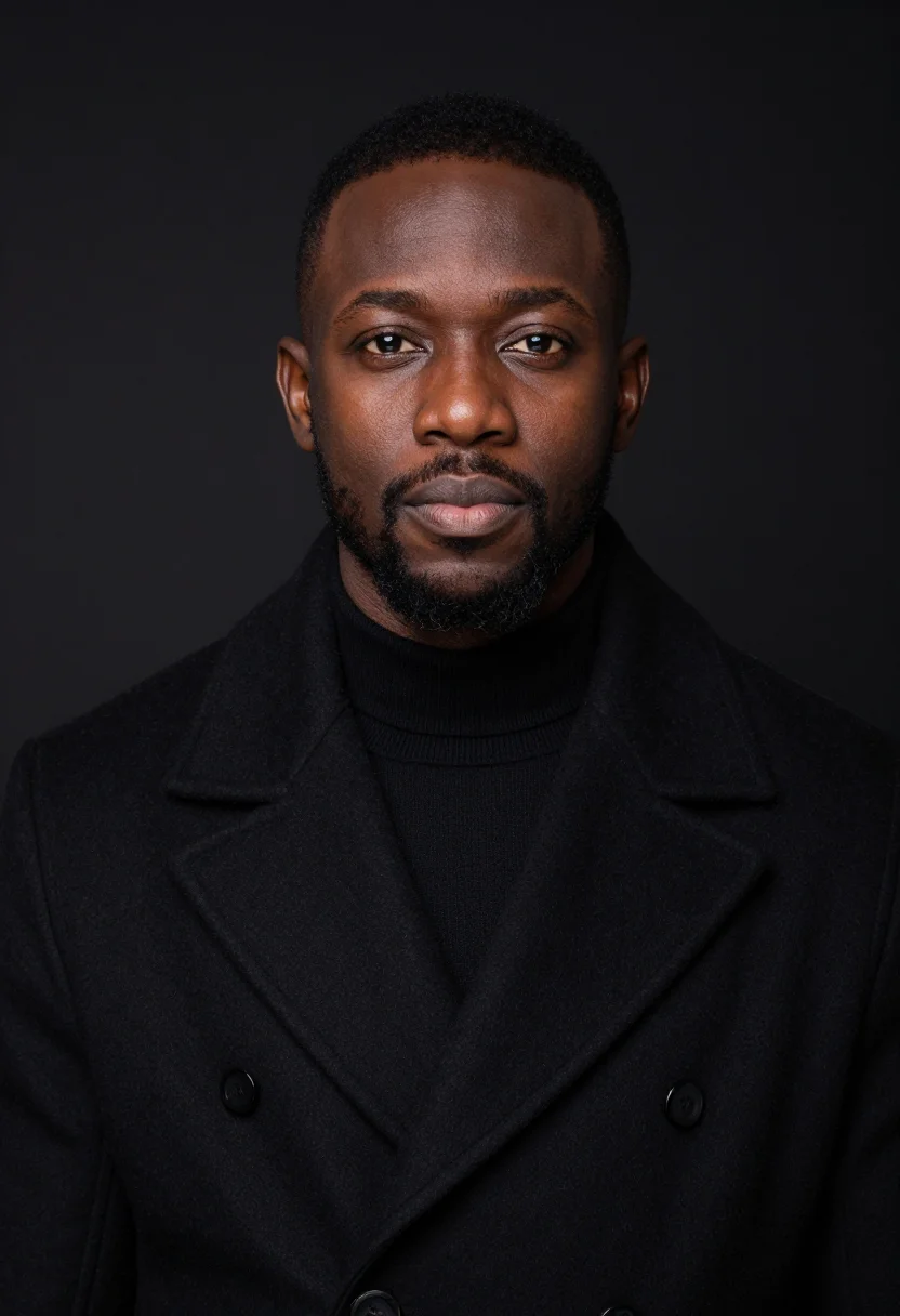 AI black overcoat headshot sample — portrait of a man, close headshot portrait of a West-African