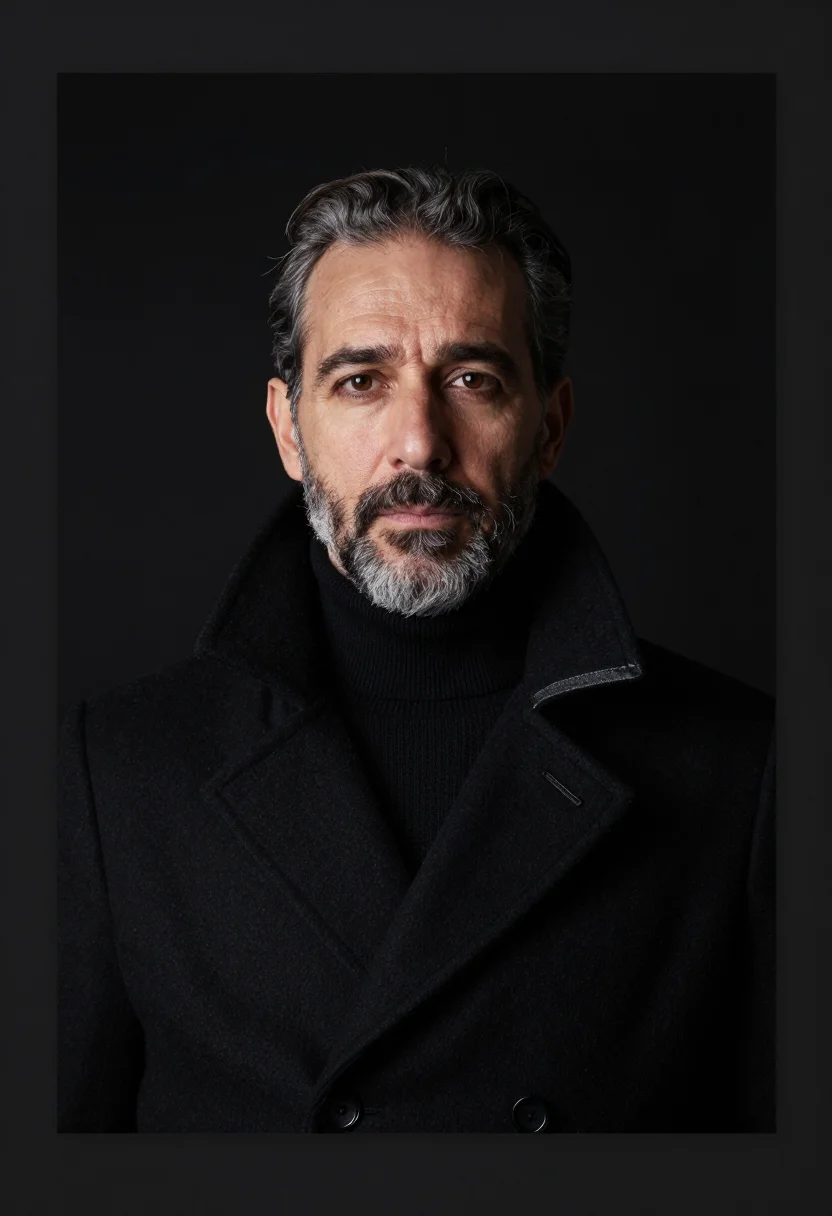 AI black overcoat headshot sample — portrait of a man, chest-up portrait of a Southern-European