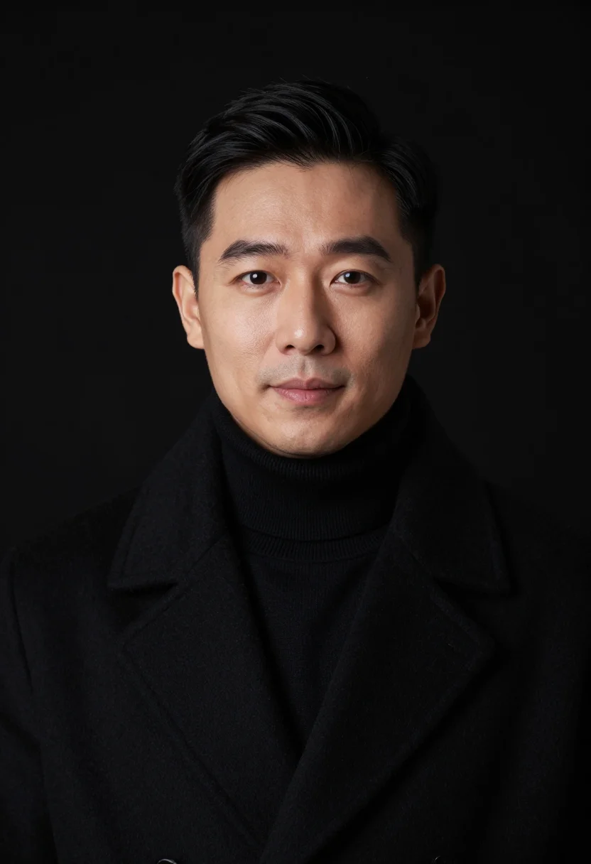 AI black overcoat headshot sample — portrait of a man, very tight headshot portrait of an East-A