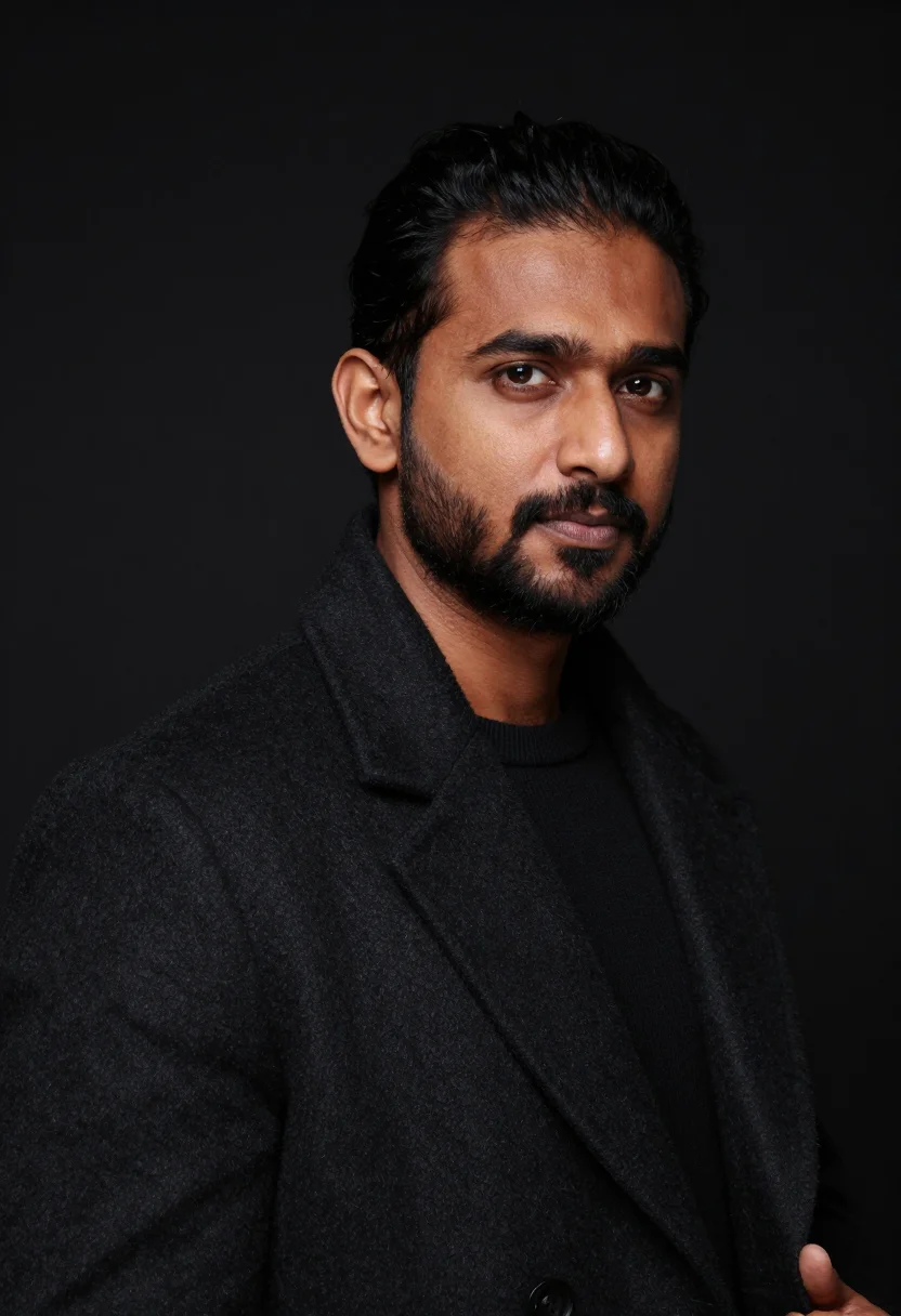 AI black overcoat headshot sample — portrait of a man, head-and-shoulders portrait of a South-As