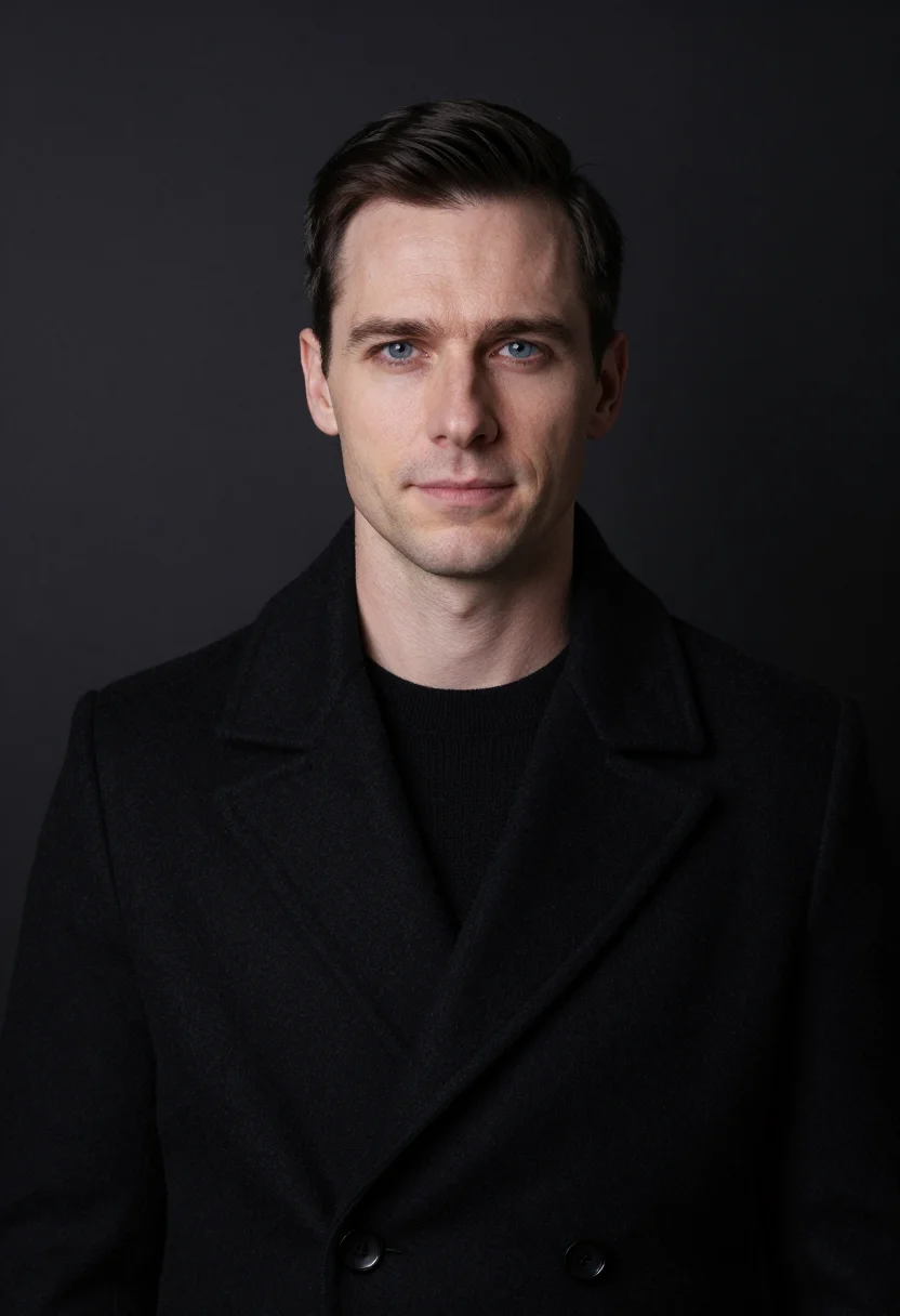 AI black overcoat headshot sample — portrait of a man, head-and-shoulders portrait of a Western-